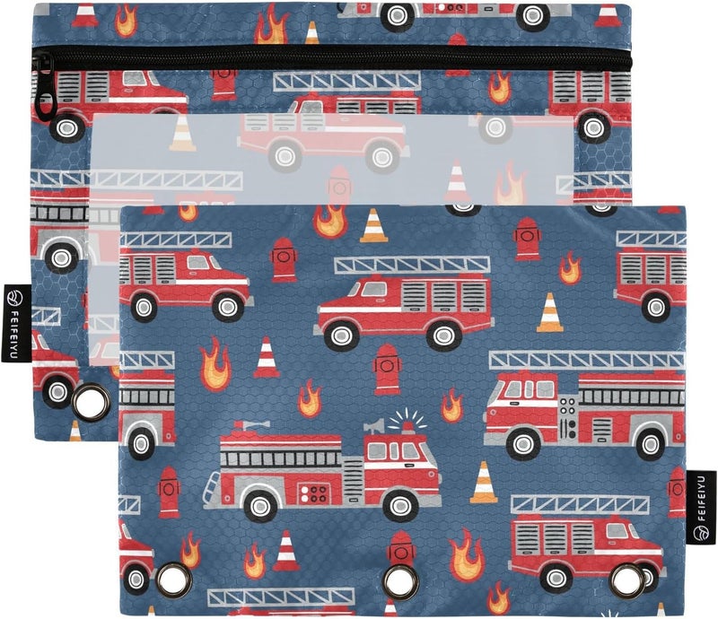 BOENLE Fire Trucks Pencil Pouch for 3 Ring Binder, 2 Pack Waterproof Pencil Bags Clear Window Zipper School Office Supplies - Image 1